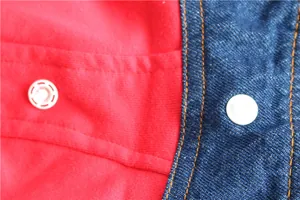 Makroansicht der weißen Druckknöpfe und Stofftextur auf einer blauen Denim-Hundeweste