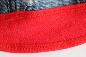 Makroansicht einer Haustierweste mit rotem Stricksaum und blauem Denim-Gewebe