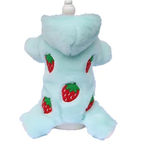Pet Clothes Winter Warm Thickened Flannel Four-legged Jumpsuit With Strawberry Embroidery For Small Dogs Cats Puppy Transformation Outfit
