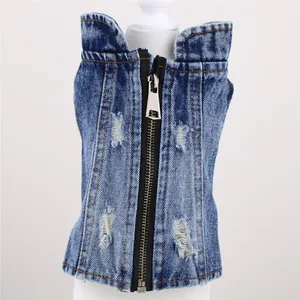 Fashion Shredded Distressed Pet Dog Denim Vest Small Dog French Bulldog Clothes Vintage Washed Denim Pet Jacket With Metal Zipper