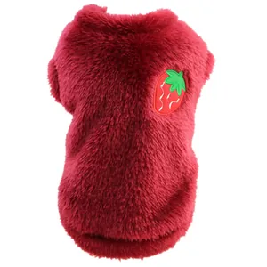 Detail view of red plush pet vest with cute strawberry embroidery for small dogs