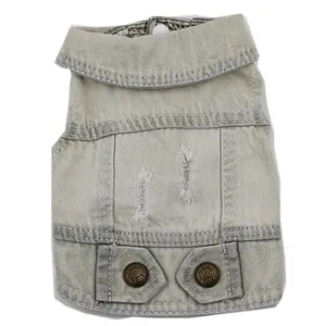 Close-up detail view of a light beige distressed denim vest for small dogs and cats.