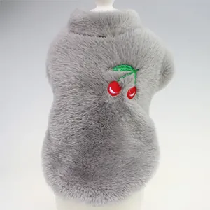 Close-up of a soft grey furry pet vest featuring detailed cherry embroidery for small dogs.