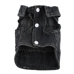 Detailed front view of a stylish black denim pet vest with contrast stitching and buttons