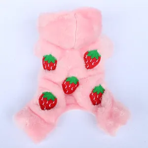 Warm and soft pink plush dog hoodie featuring five cute embroidered strawberry patches