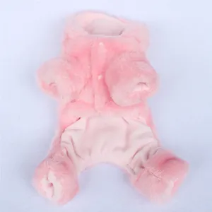 Detailed view of soft pink plush four-legged pet jumpsuit for small dog winter warmth