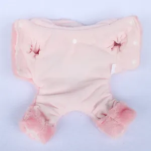 Detailed view of the soft pink fleece lining and snap fasteners on a plush dog jumpsuit