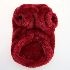 Close-up of wine red plush pet vest showing soft faux fur texture for small dogs
