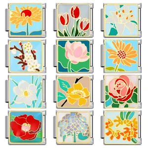 Grid view of 12 colorful floral enamel charms for DIY Italian modular bracelets.