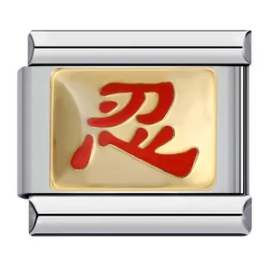 Close-up detail of a stainless steel Italian charm with a red Chinese endurance symbol