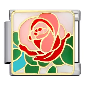 Close-up of stainless steel rose flower modular charm with gold-plated enamel detail.