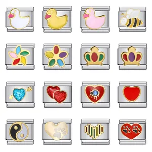 Stainless Steel Italian Charm Link DIY Bracelet Modular Jewelry Gold Plated Enamel Heart Duck Bee Flower Evil Eye Yin Yang Pattern Charm Component For Women