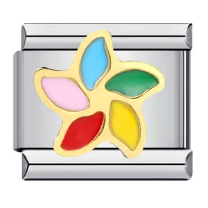 Detail of a stainless steel Italian charm link with a colorful enamel flower design