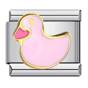 Stainless steel Italian charm link with a pink gold-plated enamel duck design for DIY jewelry.
