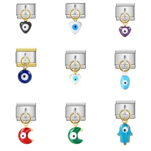 Detailed selection of Italian modular bracelet charms with colorful Evil Eye pendants