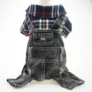 Stylish plaid shirt and distressed black denim overalls for dogs pet clothing set