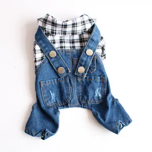 Front detail of plaid shirt and denim overalls pet outfit for small dogs and cats