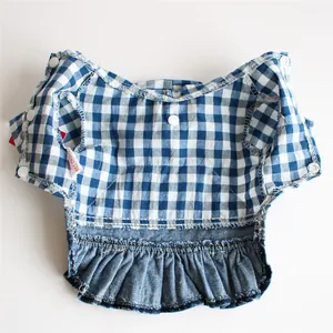 Blue plaid pet dress with ruffled denim skirt for small dogs and puppies