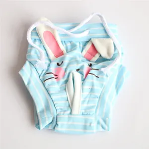 Detail view of female pet physiological pants with blue stripes and cute bunny face
