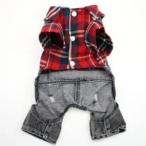 Close-up showing the plaid fabric and denim texture of this stylish pet jumpsuit