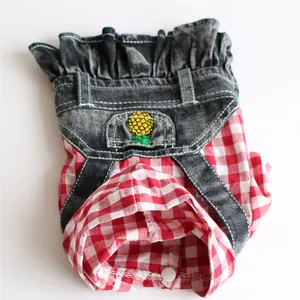 Detail shot of pet dress featuring denim top and red checkered skirt with pineapple embroidery