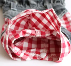 Close-up of pet denim skirt featuring a red and white checkered gingham pattern lining