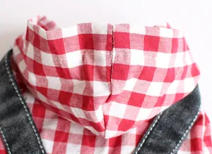 Close-up detail of red and white checkered gingham hood on pet denim skirt apparel