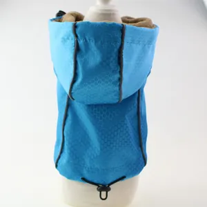 Back view of blue waterproof pet jacket with reflective strips and warm fleece lining