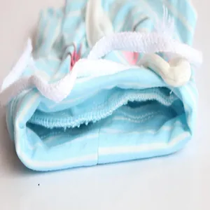 Close-up detail of blue striped pet sanitary pants interior stitching and elastic hem.