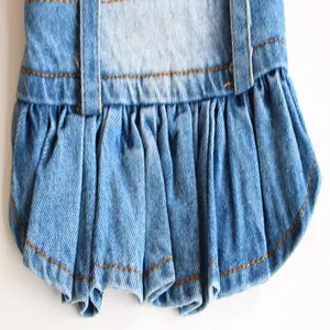 Close-up detail of a blue dog denim skirt featuring ruffled hem and orange stitching.