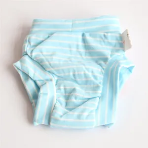 Detailed view of light blue and white striped pet physiological pants for small dogs
