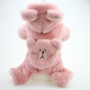 Combinaison en peluche rose pour chien avec capuche d'ours pour l'automne et l'hiver.