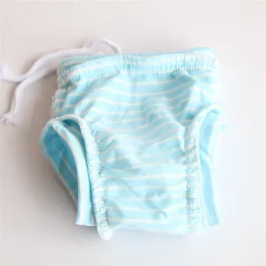 Close-up of blue and white striped pet sanitary pants with white cotton drawstring