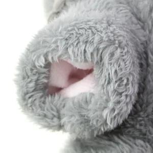 Macro detail of soft grey plush pet clothes with warm pink fleece lining texture