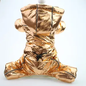 Back view of metallic gold padded dog winter jumpsuit with reflective stripes and hood