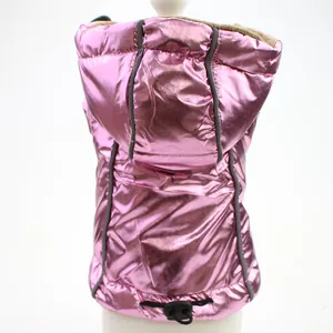 Pink metallic hooded dog vest with warm fleece lining and adjustable drawcord detail