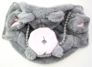 Close-up of the plush texture and snout detail on this warm gray pet winter coat.