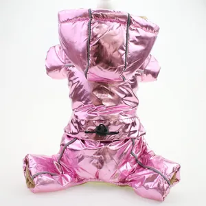 Back view of metallic pink hooded dog jumpsuit with warm fleece lining for winter use