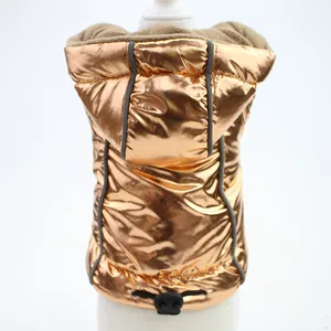 Detailed back view of metallic gold padded pet vest with warm fleece lining and hood