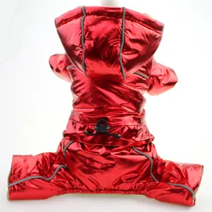 Red metallic padded dog jumpsuit for winter, shiny waterproof pet coat detail view