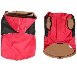 Detailed view of red waterproof dog jacket with warm brown fleece lining
