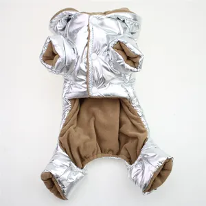 Metallic silver waterproof dog winter jumpsuit with warm brown fleece lining for small dogs