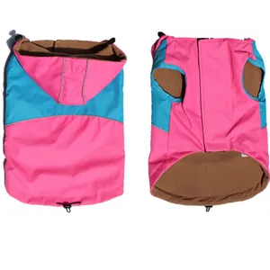 Pink and blue waterproof dog jacket with fleece lining shown from front and back perspectives.