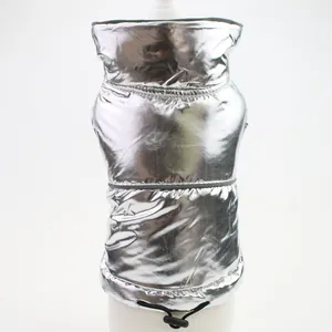Silver metallic pet dog vest puffer jacket with stand collar and adjustable drawstring hem