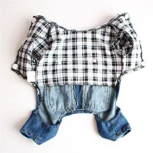 Stylish plaid shirt and denim jumpsuit pet clothing for small dogs four-legged outfit