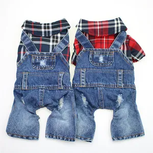 Close-up of pet plaid shirts with distressed denim overalls in red and navy colors