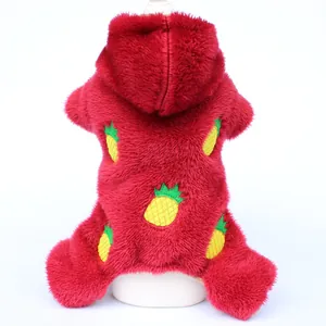 Warm red plush dog hooded jumpsuit with yellow pineapple embroidery for pet winter