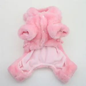 Detailed view of pink plush pet jumpsuit showing soft fleece texture and button closure