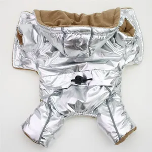 Silver metallic shiny hooded dog jacket with warm brown fleece lining detail view