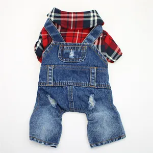 Detailed view of red plaid shirt and distressed denim overalls jumpsuit for small dogs